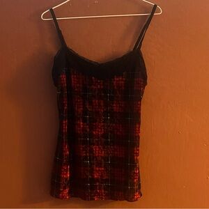 Red and Black Plaid Camisole with Lace Trim
